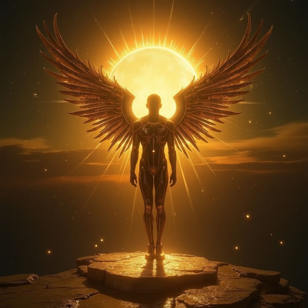 2. The Übermensch at the Edge of the Void

Prompt:

“Symbolic portrait of the Übermensch, standing at the edge of an infinite void, body wrapped in radiant golden light, mechanical wings extended, cosmic horizon behind him, futuristic minimalism mixed with dark surrealism, sharp contrasts between light and shadow, Art Deco elements in the design, majestic and transcendent mood.”

#ubermensch #portrait #edge #void #goldenlight #wings #nietzsche #digitalart #imagineart #aiart #aiartwork #aigenerated #aigenerator #aigeneratedart
