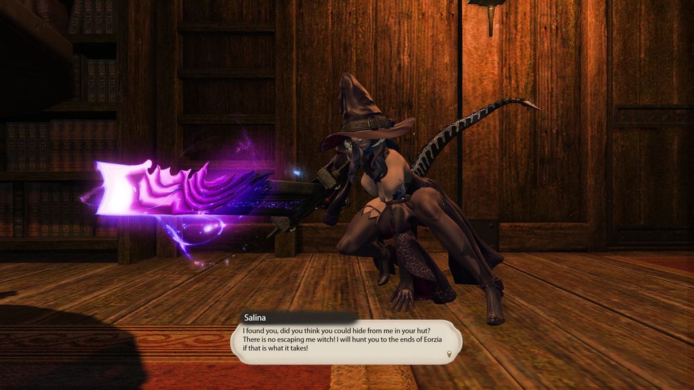 Salina lands in a predatory crouch and reveals her presence to Kynsaia, promising to chase the witch for as long as she needs to.
