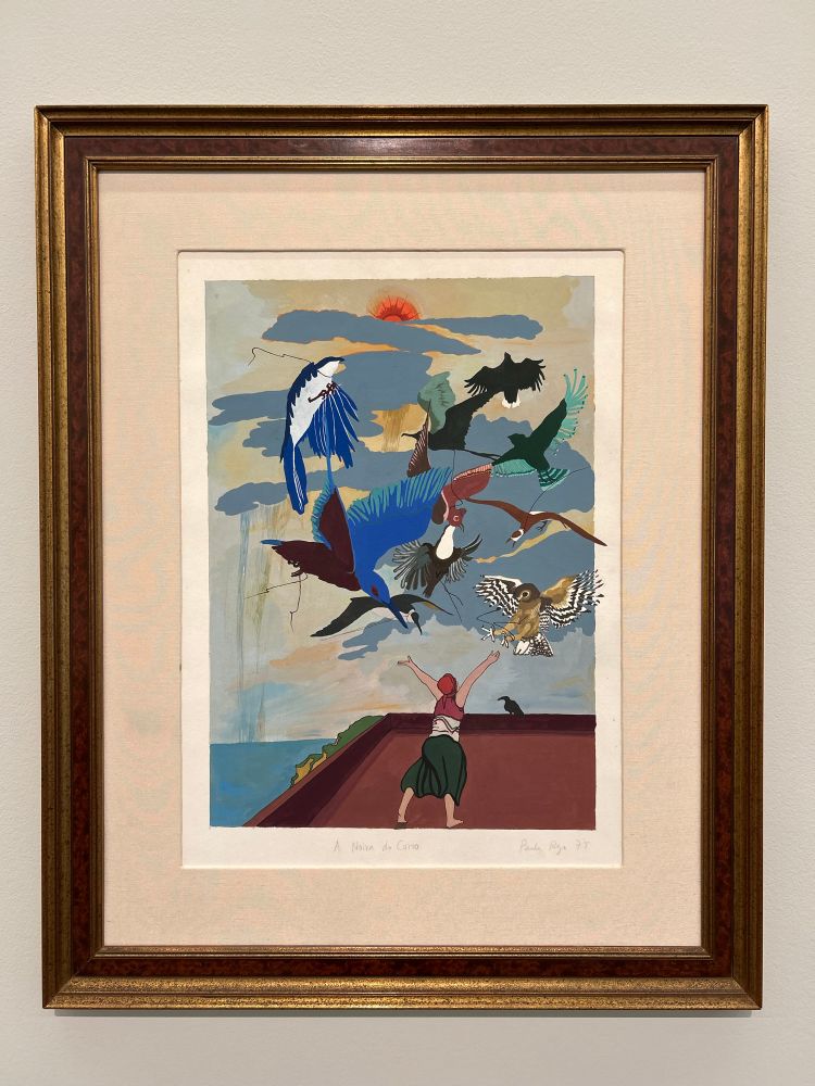 Framed artwork showing a person on a rooftop reaching toward several colorful, flying birds against a cloudy sky with a setting sun.
