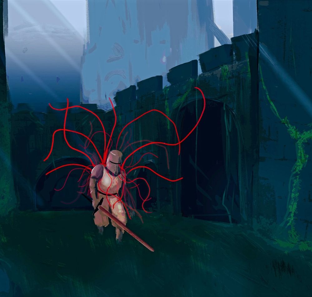 Image of a knight with a red corruption patrolling an old ruin 