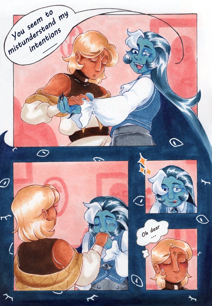  4 panel comic of pure vanilla cookie and shadow milk cookie from cookie run kingdom re-imagined as a vampire hunter and vampire respectively. First panel shows pure vanilla and shadow milk dancing while shadow milk says "you seem to misunderstand my intententions--"
the next panel shows shadow milk kissing pure vanilla's hand, while pure vanilla's back is on the viewer. The next panel shows shadow milk looking up and licking his lips with sparkles around his face. Last panel shows pure vanilla with a blush on his cheeks thinking the words "oh dear ...". 

Shadow Milk's hair in the first panel drapes down and floods into the background of the bottom 3 panels, the blue of his hair is decorated in eyes stereotypical of the game design. 