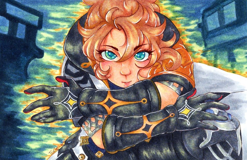 a traditional art redraw of a scene from the Genshin Impact 5.6 trailer featuring the playable character Albedo. He's crouched over himself and staring at the viewer.