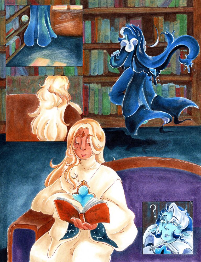 A traditional artwork featuring Shadow Milk Cookie and Pure Vanilla Cookie from Cookie Run Kingdom. The two are in a library, Shadow Milk is browsing the wall to wall bookshelves while Pure Vanilla reads a book on a couch. The sun is going down. Shadow Milk spots something on one of the shelves.