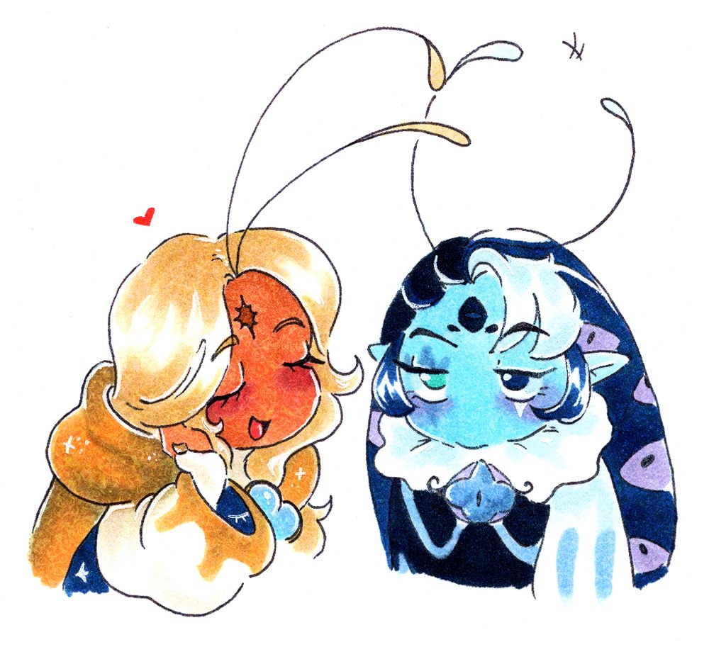 traditional art of bug versions of pure vanilla cookie and shadow milk cookie from cookie run kingdom. pure vanilla's antennae are poking shadow milk's antennae and there is a red heart above pure vanilla's head. bug designs are from twitter user shirosfw