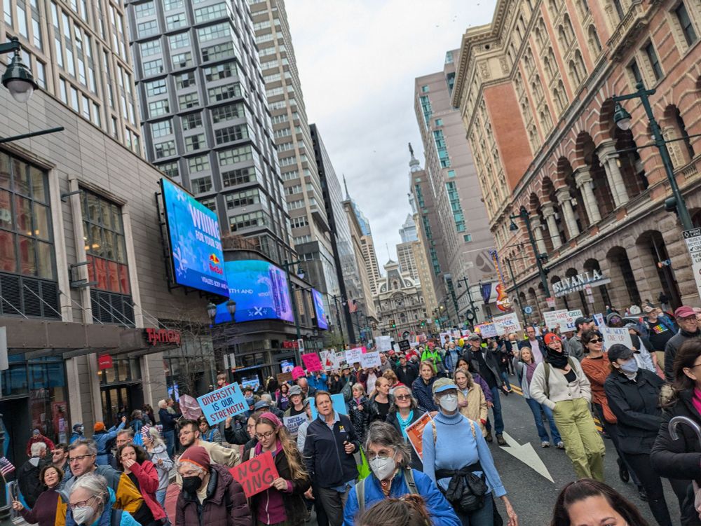 Protesters marching on the street in Philadelphia 