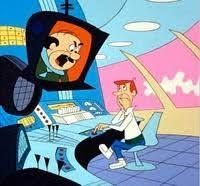 Still frame from The Jetsons cartoon with George Jetson sitting at his console pressing a button 
