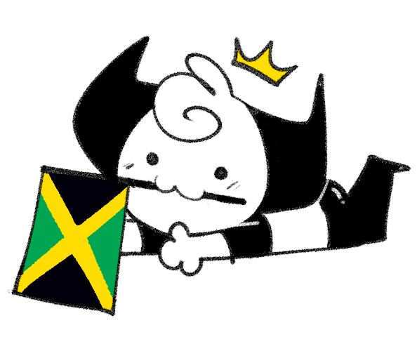 A simple, black and white doodle of my sona, Gobe, laying down with a Jamaican Flag being held in his mouth by the pole.