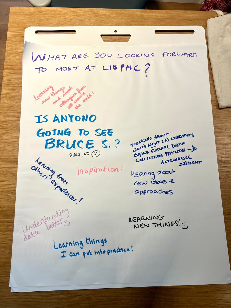 Flip chart that asks “what are you looking forward to most at LibPMC?”