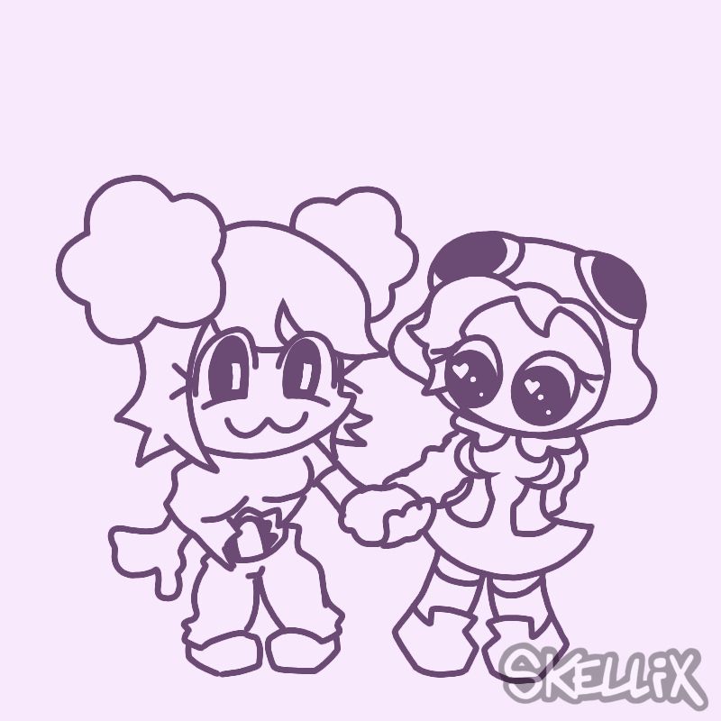 line art of Sentry and Citra, (two original characters made by skellix) holding hands