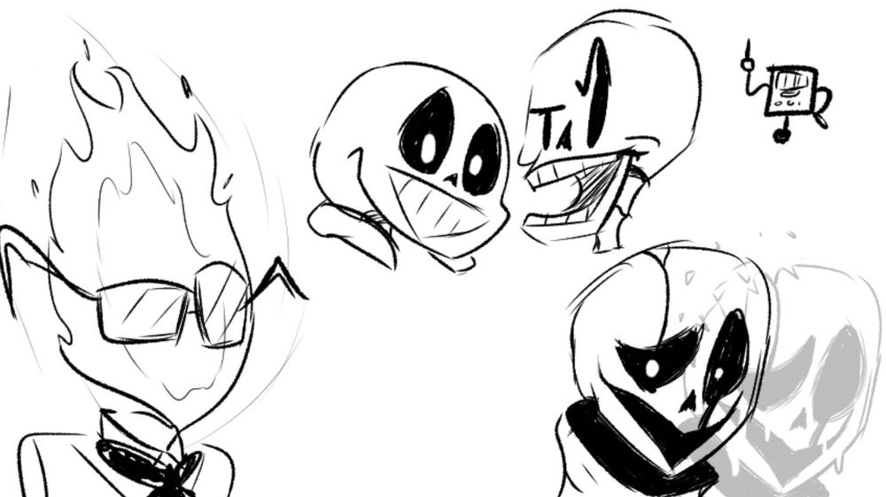 Grillby, Snas, Papyrus, Gaster and a tiny Mettaton flippin' ya off