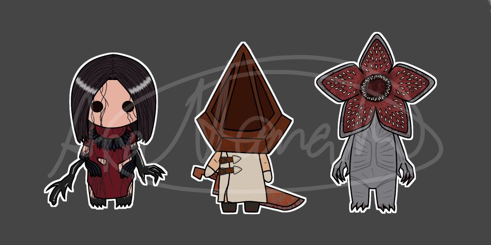 A set of 3 chibi dead by daylight killers. From left to right: the artist, pyramid Head, and the demogorgon