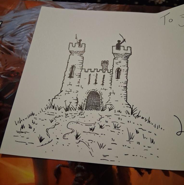 A castle doodle on a hill, with a windy path and two towers