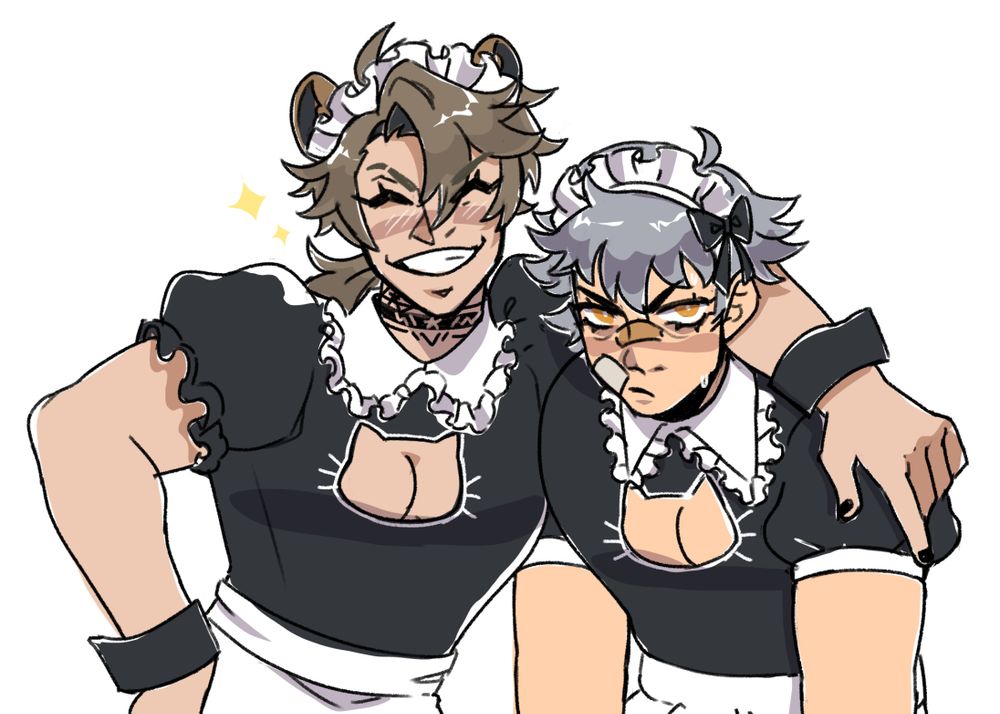 Art of vtubers LeoniVT and Nentoya wearing maid dresses. 