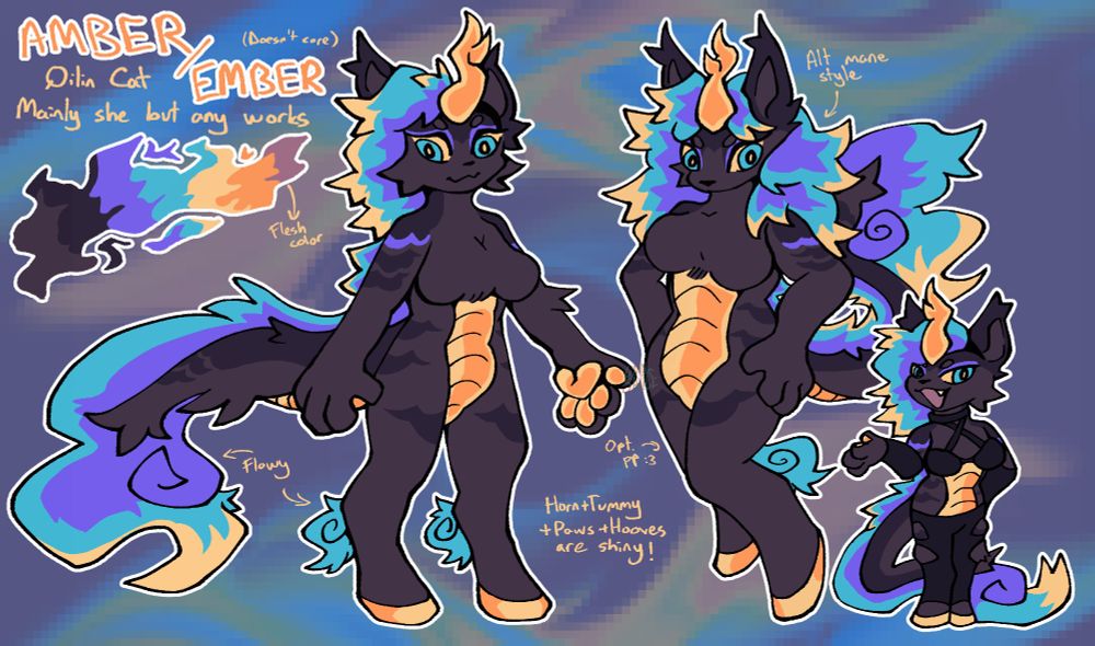 a reference sheet of a kirin/qilin and tabby cat hybrid named amber or ember (it doesn't matter). she has brown fur with darker brown stripes and purple markings on her eyelid and shoulders. she has a horn, a scaly belly, paws as hands and hooves as feet which all are gold. her mane starts as hair and ends as a tailtip, its mainly blue but the roots are purple and the tips are yellow. she also has pure blue knee tufts. her mane is cut as a side mohawk like the first fullbody and clothed chibi but it can also resemble an actual mane as shown in the second fullbody