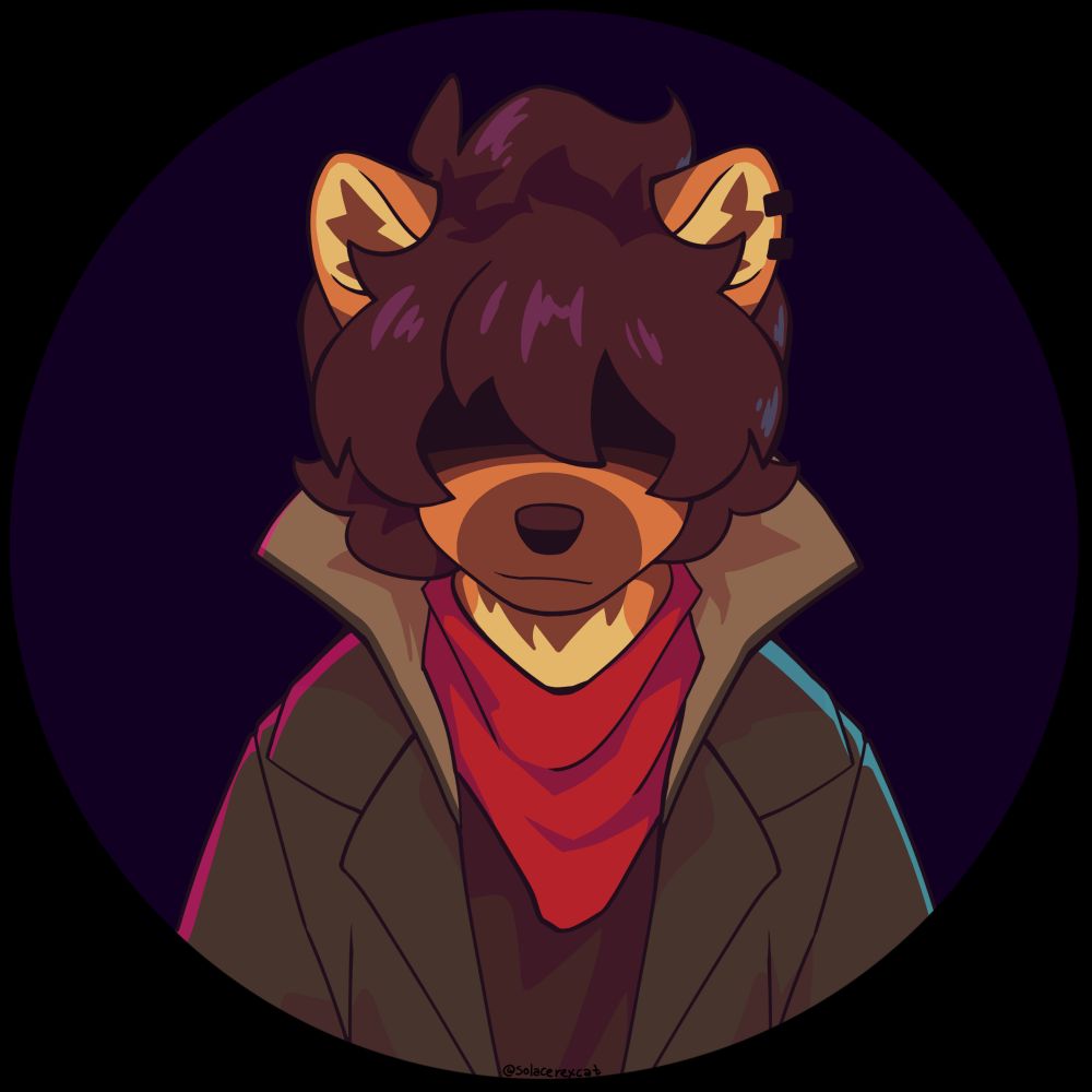 The image depicts Lord Asell, a manned wolf who is a hacker. He is wearing a leather overcoat with a high collar and a red bandanna around his neck, he also has piercings on his left ear. His face is half covered in darkness due to his long, messy hair.