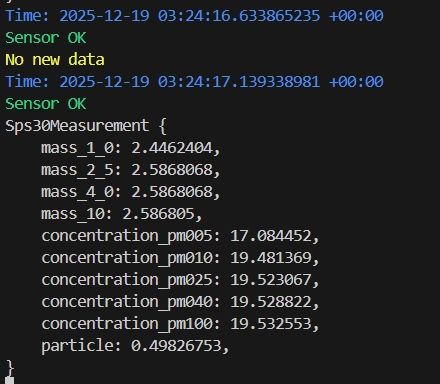A screenshot of a bunch of data from a particulate sensor. Showing the time coloured in blue, no new data in yellow, green to show the sensors own sensors are working, and then a list of the results 