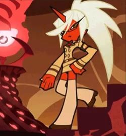 a cartoon character with white hair and horns