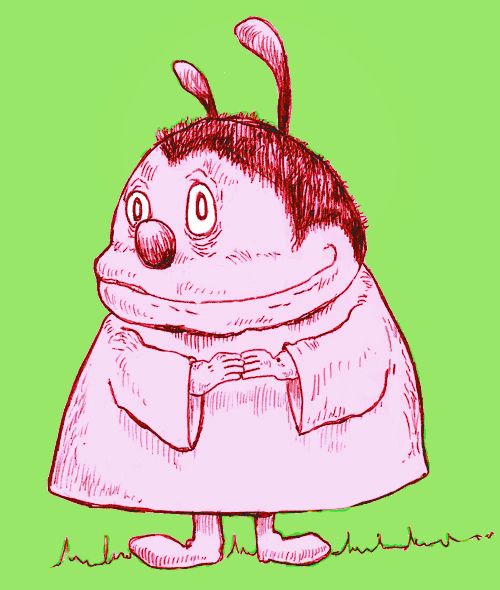 A very round bug-headed like creature, who I envisioned as a ladybird originally, but this design makes no sense for that.  She doesn't have a name, but I'm open to suggestions