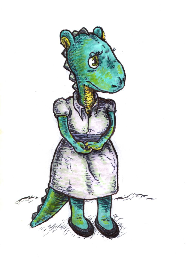 Anthropomorphic female dragon, wearing a lilac colored 1940s style dress and black flats.