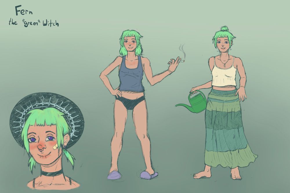 Character design of a green haired modern witch, one outfit is more disheveled in her underwear while smoking a joint, the other in a peasant skirt and tank top holding a watering can.