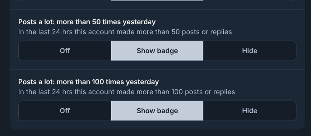 2 labelers allowing you to set warnings if an account posts 50 times or 100 times per day