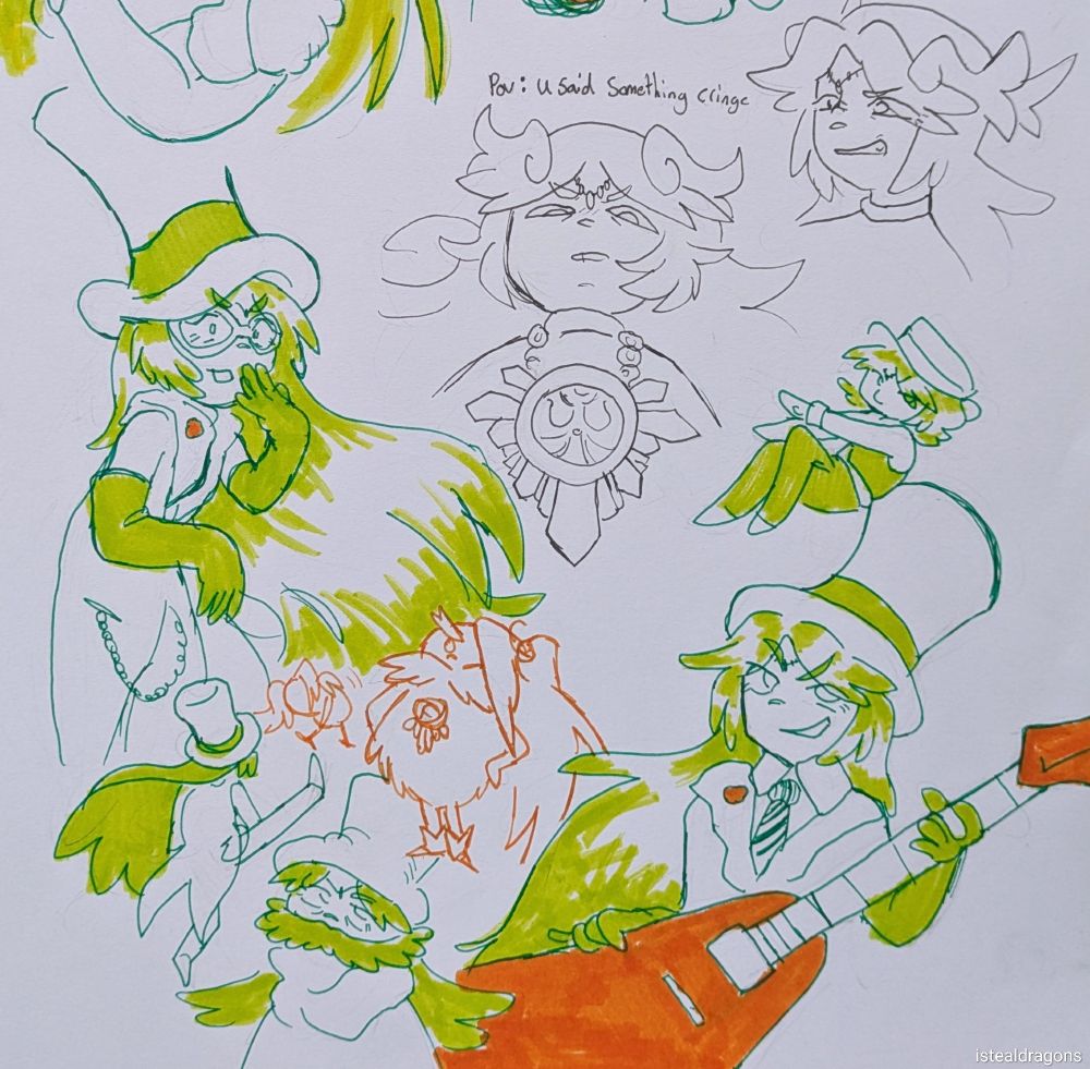 paper drawings 
there are two busts of Palutena one looking disgusted with text saying "pov: u said something cringe"

below is a couple drawings of Palutena dressed as the onceler one with his guitar 
viridi is also drawn as the lorax
