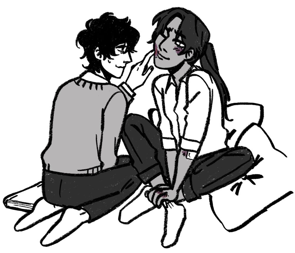 Salem sits with legs crossed, presenting her bruised face to Sorrel with a smile, who draws runes on her face to help heal the bruises.