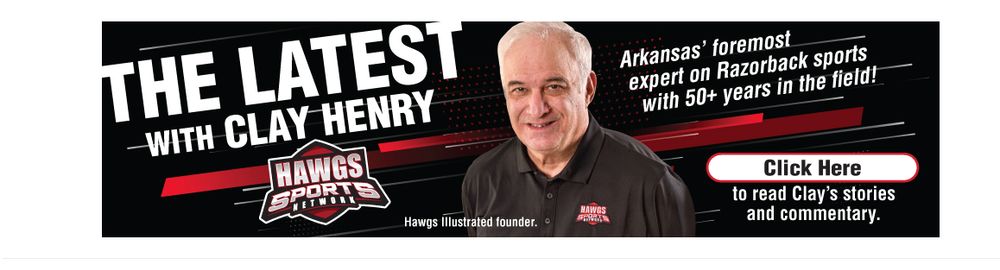 Banner ad for "The Latest with Clay Henry. Arkansas' foremost expert on Razorback sports with 50+ years in the field." 