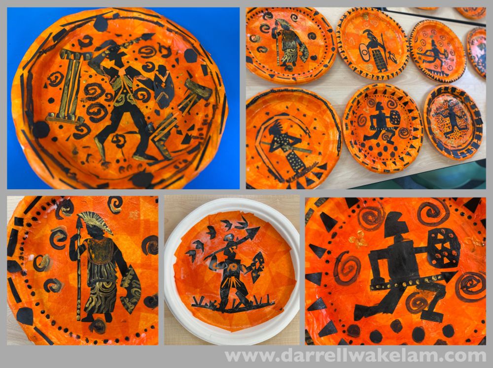 Ancient Greek pottery designs created by the Year 5/6 class from North Newton Primary School. These designs were added to heavy-duty paper plates using tissue paper, black card, and paint. They all follow the classic orange & black colouring, with a bit of gold detail and the children all chose different ideas, stories, or myths that they had been learning about as the inspiration for their designs. We also looked at photos of original museum pieces to help with decoration and the style of the images. 