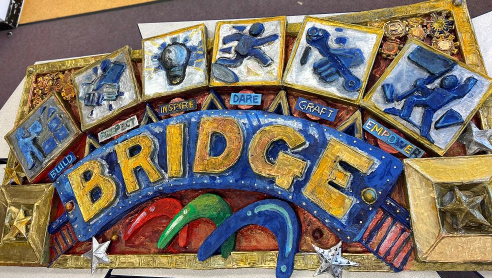 3D display created by the KS2 pupils from Bridge Learning Campus this week. The display is a combination of the school logo (3 bridges) and the schools name and 6 core values, all integrated into a 'bridge' shaped design. 