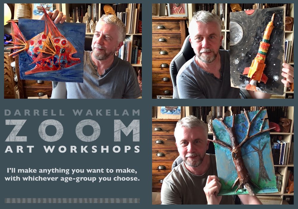 Photos of me providing 'zoom based' virtual visits to schools. I help the children to learn some basic 3D skills and then make whatever they choose set-by-step. In the photos I'm making a fish, a rocket, and a tree. All of my work is constructed using cardboard and scrap materials. 