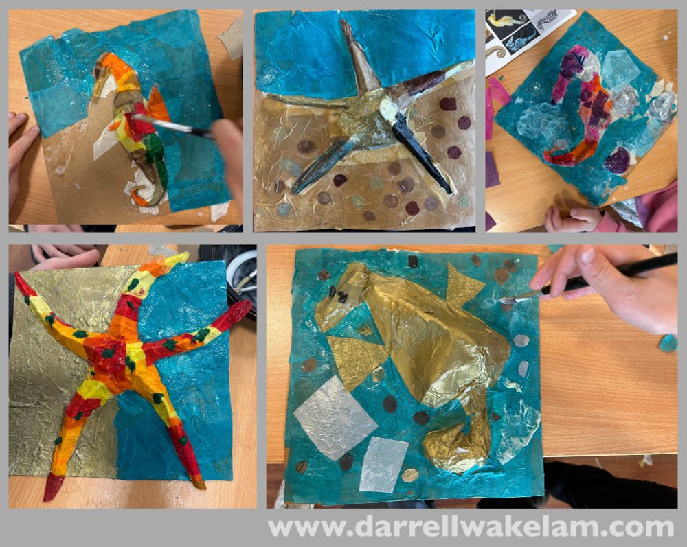 Cardboard sea creatures, created at today's workshops at Weymouth library. 