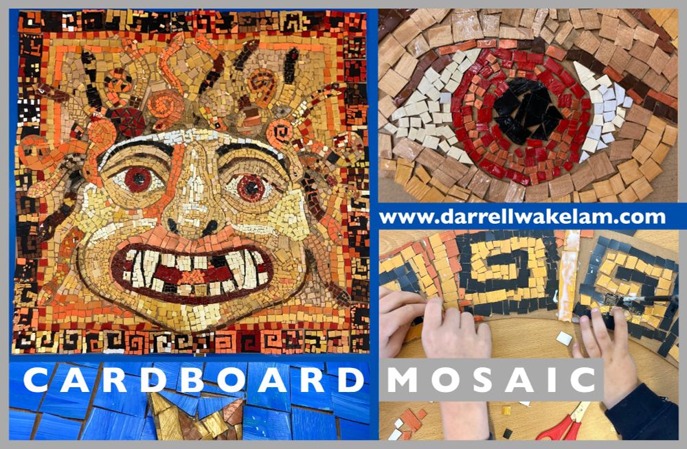 Examples of my 'cardboard mosaic' technique. The photos show a Medusa design created by children using small 'tiles' cut from painted cardboard. 