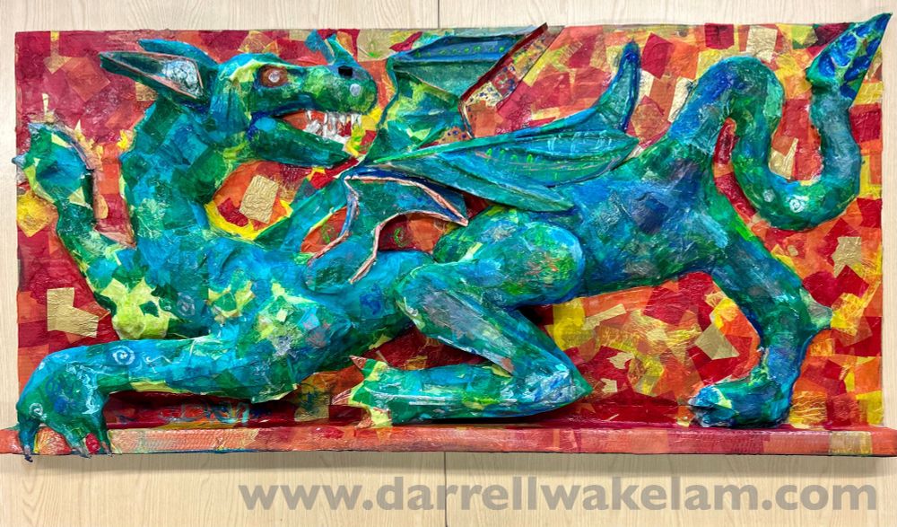 A cardboard dragon sculpture, based on anglo Saxon designs, created by the Year 5 children from Sanford St. Martin's Primary School in Dorset. 