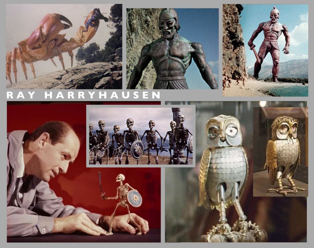 Images of my childhood Hero Ray Harryhausen. Ray was the animator who created work for some of my favourite childhood films. Here he is with a giant crab, a Greek Hero, a skeleton warrior, and an owl. 