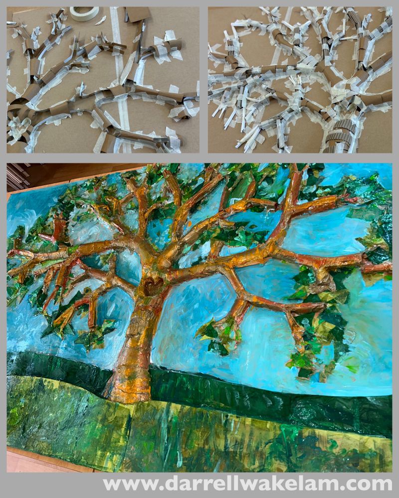A 3D relief tree sculpture created by the children from Winterbourne Valley First School. This is about 2m by 1.5m and was created as a display piece to go in the school's entrance lobby. The whole piece is constructed from cardboard, paper straws, and tissue, so is totally recyclable. 