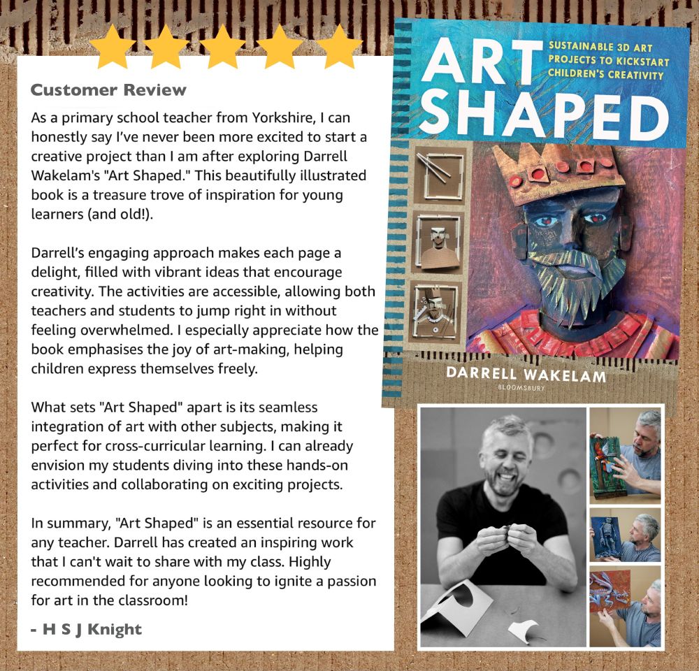 A really lovely positive review for my book Art Shaped. The image shows the review (taken from Amazon) and a photo of me with pieces of artwork from the book, and the book cover. 