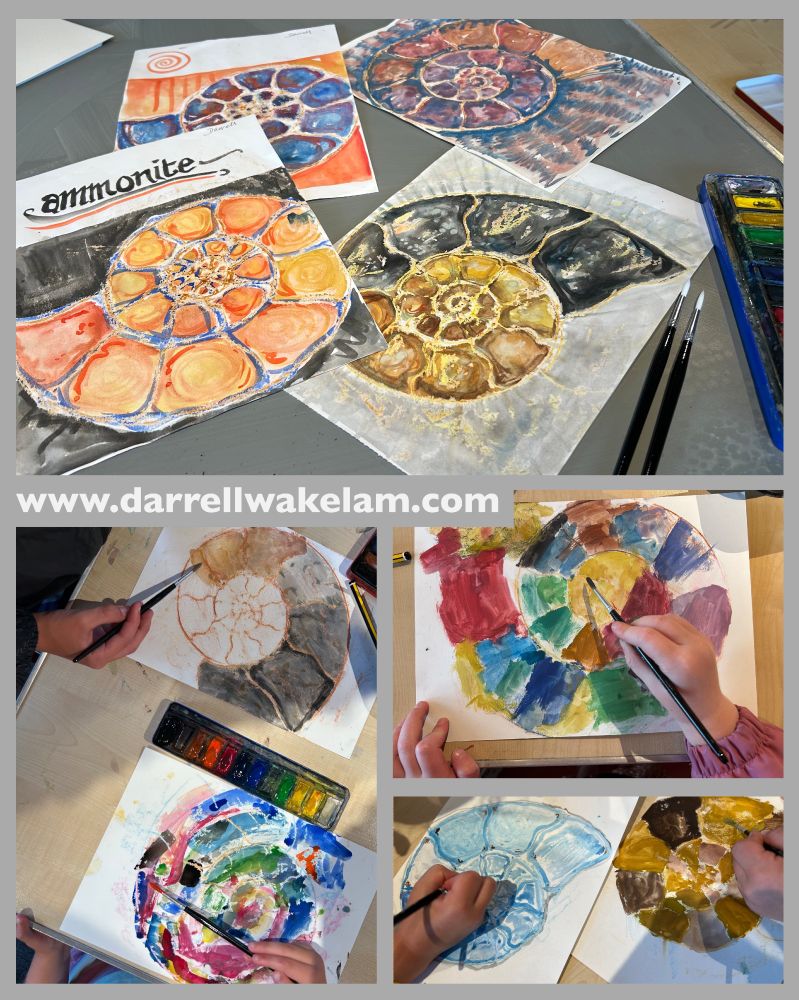 Today's wax-resist ammonites, created by visiting children at Lyme Regis Museum in Dorset. The photo shows my examples (at the top) then a small selection of work created by some of the children at the bottom. Wax-resist is a process where you use wax (in this case crayons) to create an outline or pattern, then you use water-based paints to colour it. The water cannot adhere to the wax, so the outlines stay, and the paint fills around them. 