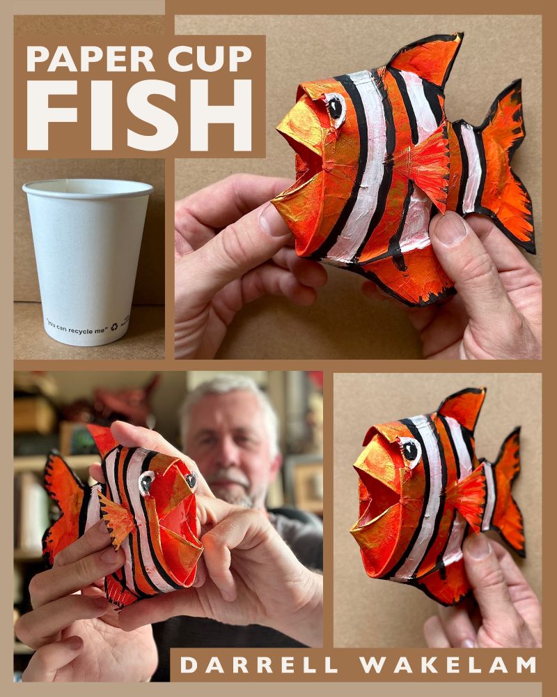 A fish made from a recycled paper cup. This shows various images of one of my recent making projects. The original paper cup, a 'clown fish, I've made from recycling it, and me holding the finished model. 