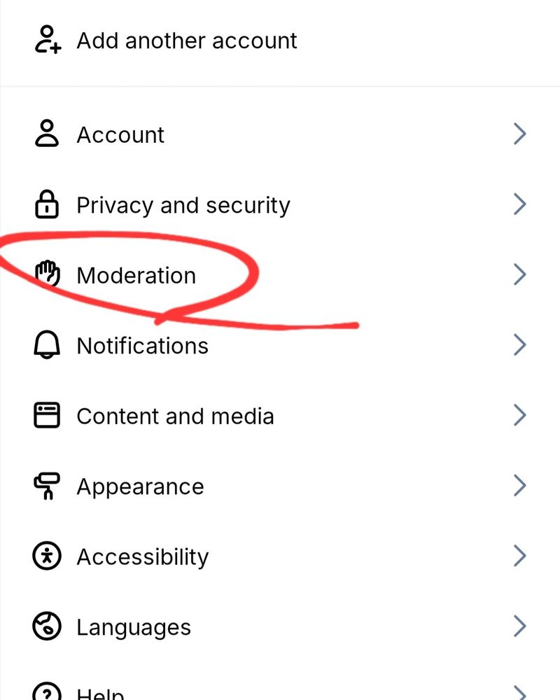 Bluesky Settings menu (Click on "Moderation").