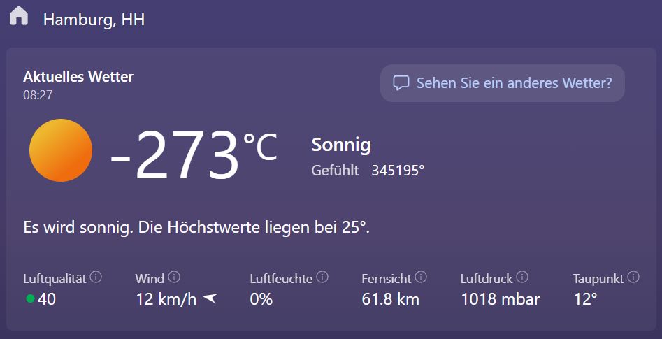 Wetter-App zeigt Minus 273 Grad aber eine gefühlte Temperatur von 345195°