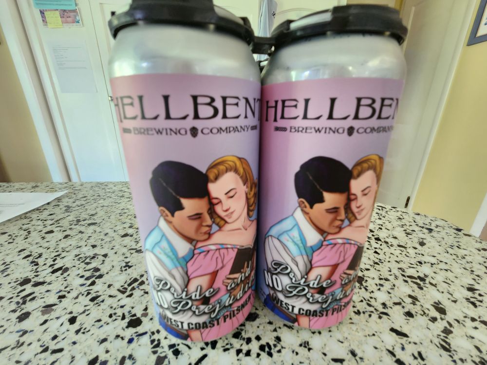 Cans of a West Coast Lager from Hellbent Brewing titled "Pride and NO Predjudice.."