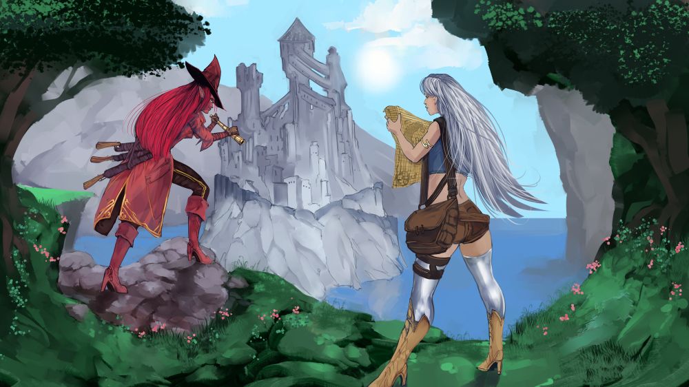 Alessa (Left) and Loraine (Right) dressed in adventuring gear, scouting a distant mysterious fortress. Art by Croft.