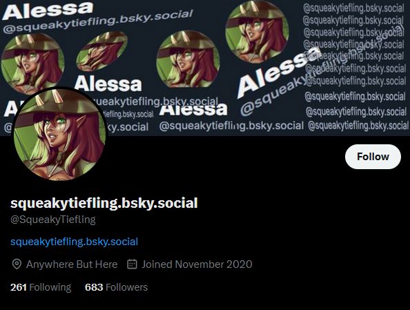 My defunct Twitter page, @SqueakyTiefling plastered in labels of my Bluesky page to redirect users away from that platform and onto this one. if you're reading this, good job, you made it, take a seat, kick up your feet and relax, you're in good company here.