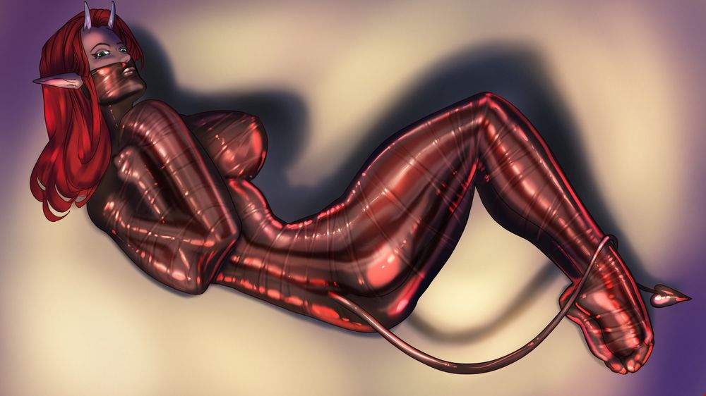 Alessa wrapped in shiny tape bindings. Art by Croft.