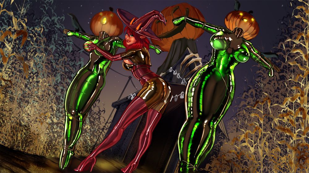 Alessa puts up a pair of finely wrapped pumpkin-headed scarecrows for Halloween. Art by Croft.