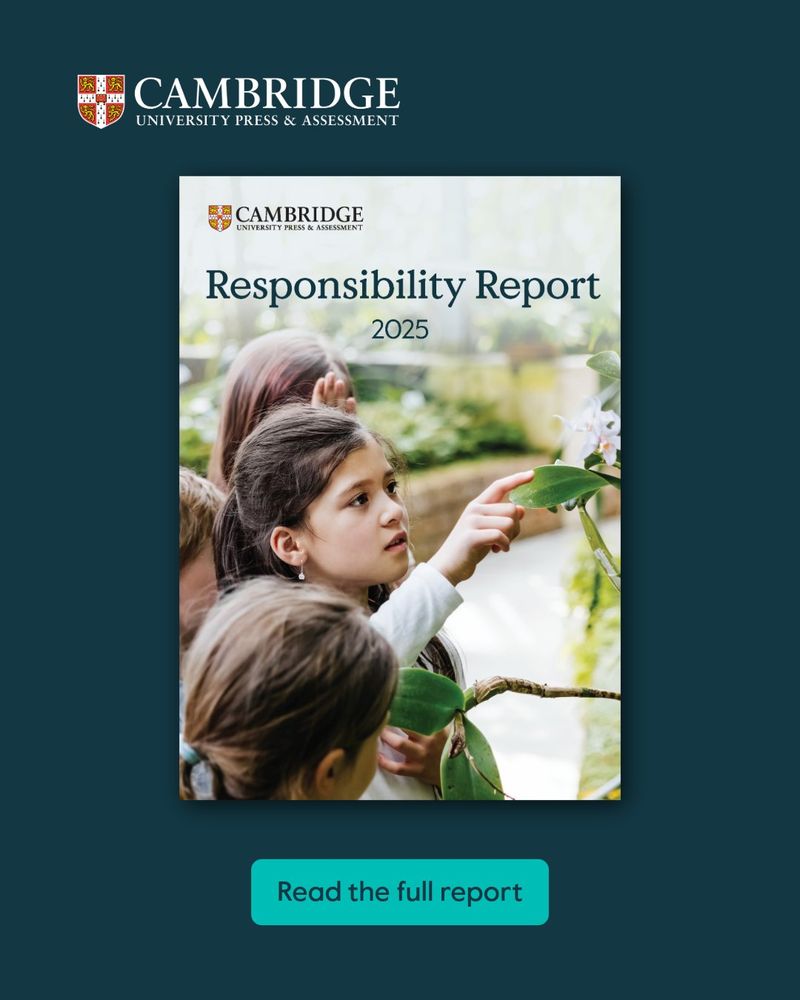 Cover of Cambridge University Press & Assessment's first Responsibility Report 2025, featuring children gathered in a garden, with one child pointing at a plant and others observing in the background.