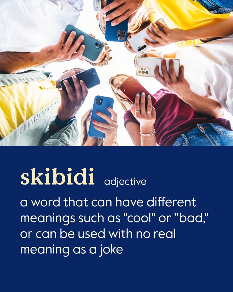People standing in a circle, viewed from below, holding smartphones. Below, the word 'skibidi' is defined as an adjective with varied or humorous meanings.
