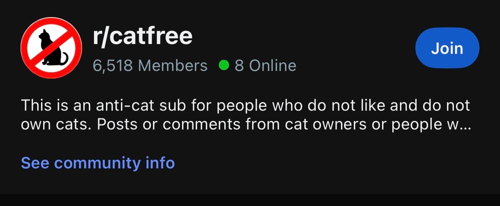 Screenshot of r/catfree.
Description: This is an anti-cat sib for people who do not like and do not own cats.