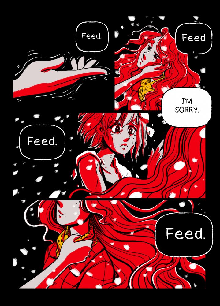 comic page where vampire contemplates feeding on compelled girl